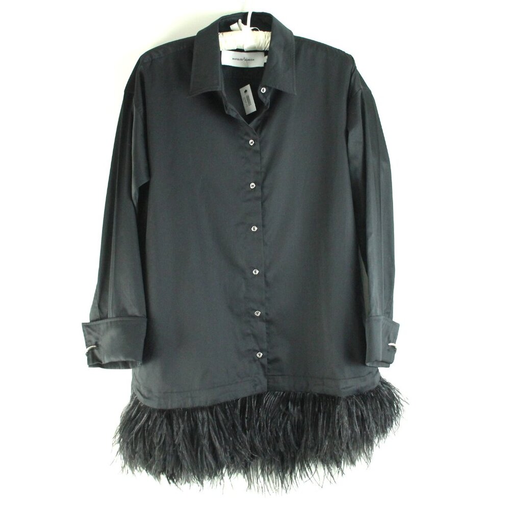 Marques Almeida Black Oversized Long Sleeve Feather Hem Shirt Dress 6 NWT